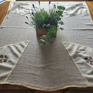 Vintage Floral Embroidered Mesh Tablecloth Gold Metallic Trim Square Cream
